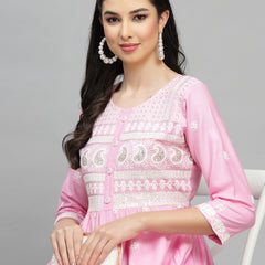 Pink Embroidered Rayon Flared kurta