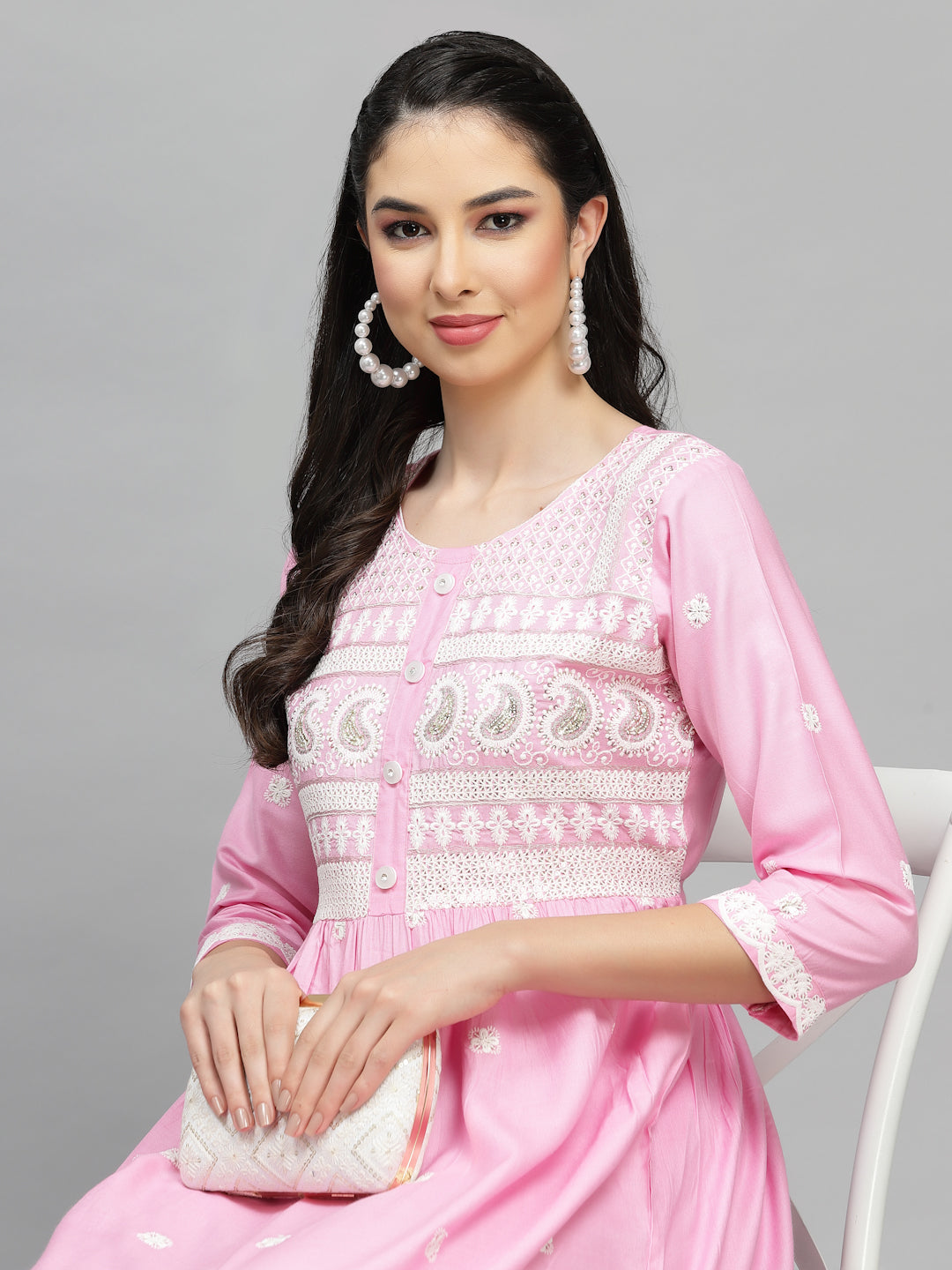 Pink Embroidered Rayon Flared kurta