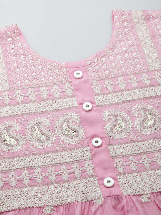 Pink Embroidered Rayon Flared kurta