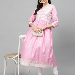 Pink Embroidered Rayon Flared kurta