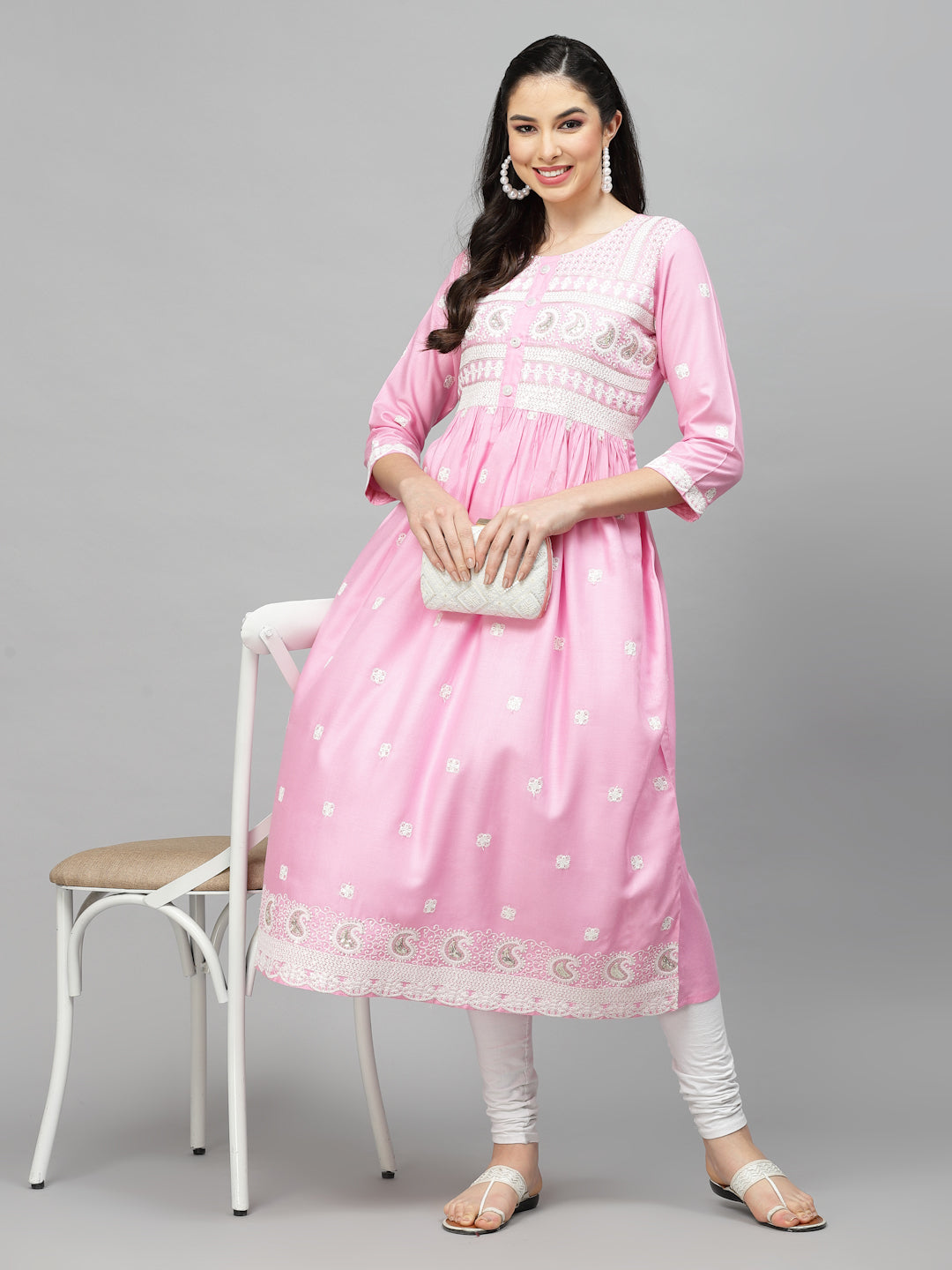 Pink Embroidered Rayon Flared kurta