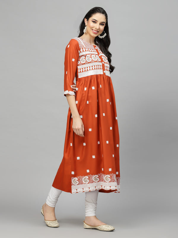 Stylum Women's Embroidered Rayon Flared kurta (PARIRUST)