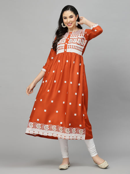 Stylum Women's Embroidered Rayon Flared kurta (PARIRUST)