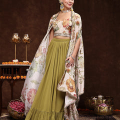 Stylum Women's Mehandi Printed Party Wear Georgette Skirt & Blouse with Jacket (PCJAMAIRAMEHANDI)