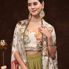 Stylum Women's Mehandi Printed Party Wear Georgette Skirt & Blouse with Jacket (PCJAMAIRAMEHANDI)
