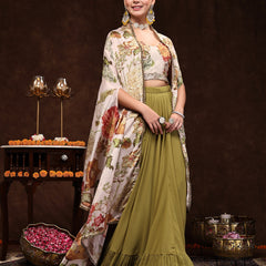 Stylum Women's Mehandi Printed Party Wear Georgette Skirt & Blouse with Jacket (PCJAMAIRAMEHANDI)