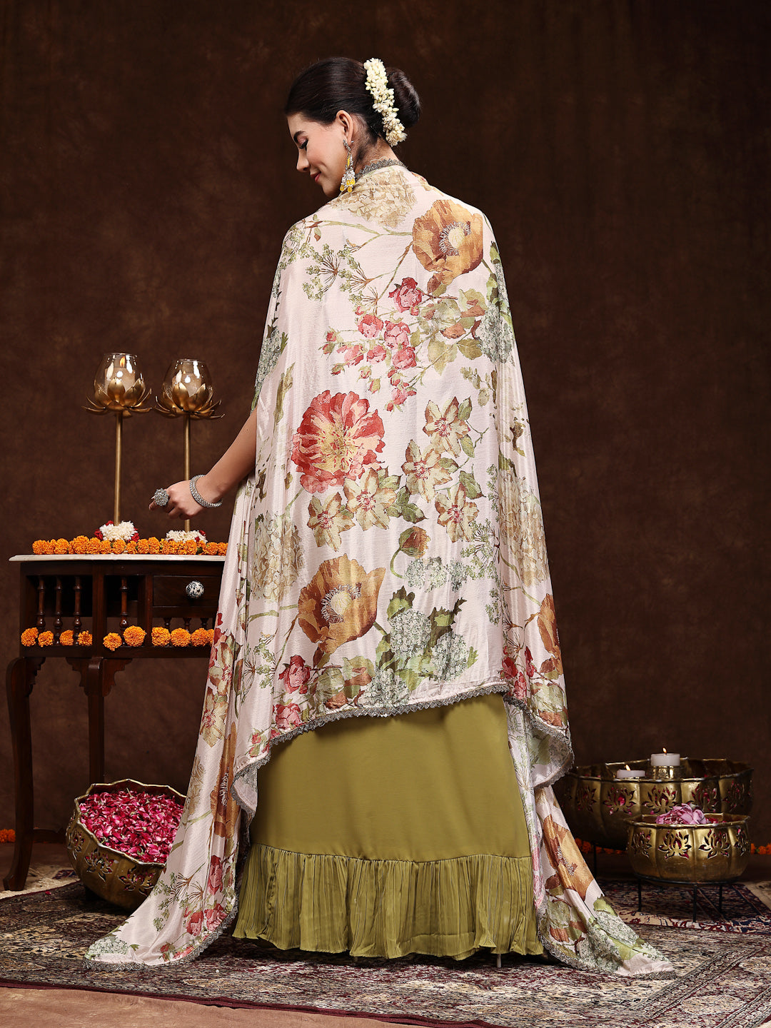 Stylum Women's Mehandi Printed Party Wear Georgette Skirt & Blouse with Jacket (PCJAMAIRAMEHANDI)