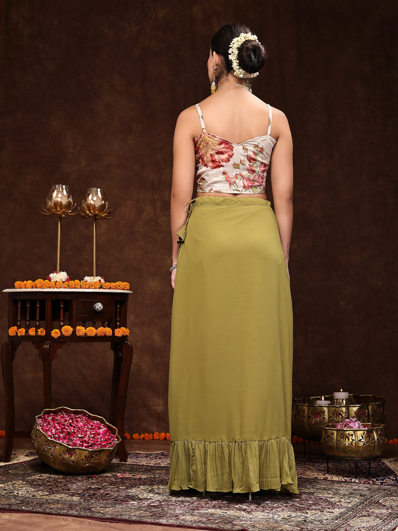 Stylum Women's Mehandi Printed Party Wear Georgette Skirt & Blouse with Jacket (PCJAMAIRAMEHANDI)