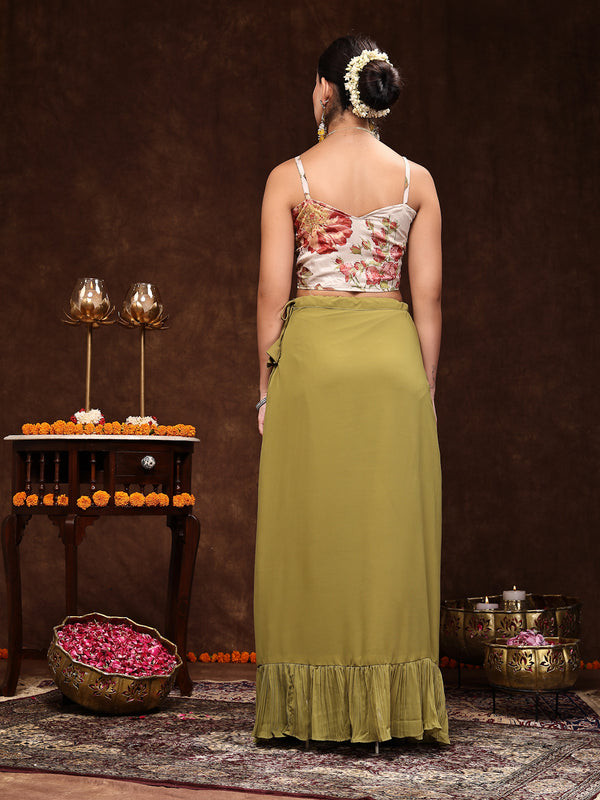 Stylum Women's Mehandi Printed Party Wear Georgette Skirt & Blouse with Jacket (PCJAMAIRAMEHANDI)