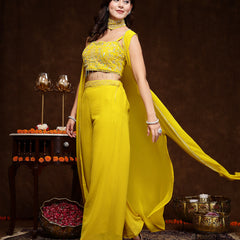Stylum Women's Mustard Embellished Party Wear Georgette Palazzo & Blouse with Jacket (PCJARIANAMUSTARD)