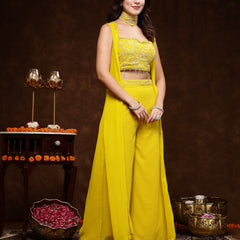 Stylum Women's Mustard Embellished Party Wear Georgette Palazzo & Blouse with Jacket (PCJARIANAMUSTARD)