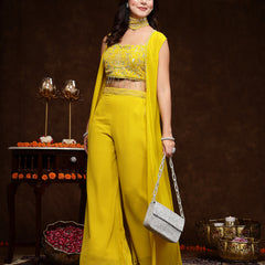 Stylum Women's Mustard Embellished Party Wear Georgette Palazzo & Blouse with Jacket (PCJARIANAMUSTARD)