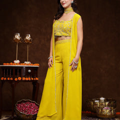 Stylum Women's Mustard Embellished Party Wear Georgette Palazzo & Blouse with Jacket (PCJARIANAMUSTARD)
