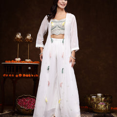 Stylum Women's White Embellished Party Wear Georgette Palazzo & Blouse with Jacket (PCJCHARMYWHITE)