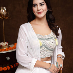 Stylum Women's White Embellished Party Wear Georgette Palazzo & Blouse with Jacket (PCJCHARMYWHITE)