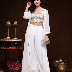 Stylum Women's White Embellished Party Wear Georgette Palazzo & Blouse with Jacket (PCJCHARMYWHITE)