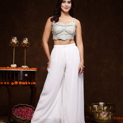 Stylum Women's White Embellished Party Wear Georgette Palazzo & Blouse with Jacket (PCJCHARMYWHITE)