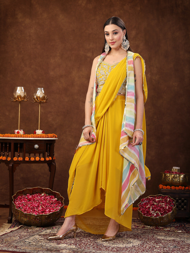 Stylum Women's Mustard Solid Georgette Draped Lehenga & Blouse with Printed Jacket (PCJMUSTARDTAYLOR)