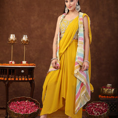 Stylum Women's Mustard Solid Georgette Draped Lehenga & Blouse with Printed Jacket (PCJMUSTARDTAYLOR)