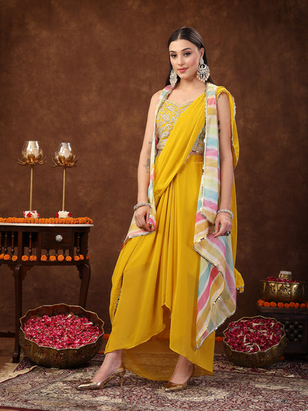 Stylum Women's Mustard Solid Georgette Draped Lehenga & Blouse with Printed Jacket (PCJMUSTARDTAYLOR)
