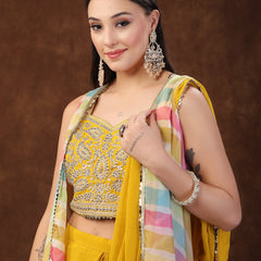 Stylum Women's Mustard Solid Georgette Draped Lehenga & Blouse with Printed Jacket (PCJMUSTARDTAYLOR)