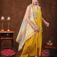 Stylum Women's Mustard Solid Georgette Draped Lehenga & Blouse with Printed Jacket (PCJMUSTARDTAYLOR)