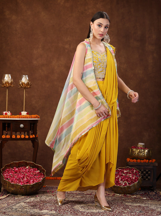 Stylum Women's Mustard Solid Georgette Draped Lehenga & Blouse with Printed Jacket (PCJMUSTARDTAYLOR)