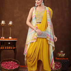 Stylum Women's Mustard Solid Georgette Draped Lehenga & Blouse with Printed Jacket (PCJMUSTARDTAYLOR)