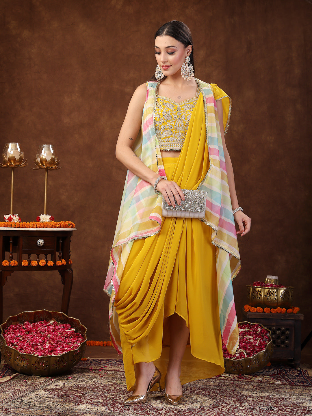 Stylum Women's Mustard Solid Georgette Draped Lehenga & Blouse with Printed Jacket (PCJMUSTARDTAYLOR)