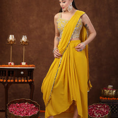 Stylum Women's Mustard Solid Georgette Draped Lehenga & Blouse with Printed Jacket (PCJMUSTARDTAYLOR)