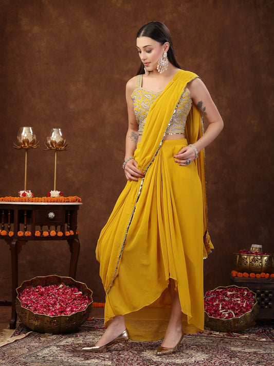 Stylum Women's Mustard Solid Georgette Draped Lehenga & Blouse with Printed Jacket (PCJMUSTARDTAYLOR)