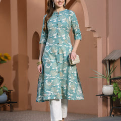 Stylum Women's Printed Rayon A-Line Kurta (PINESHARK)