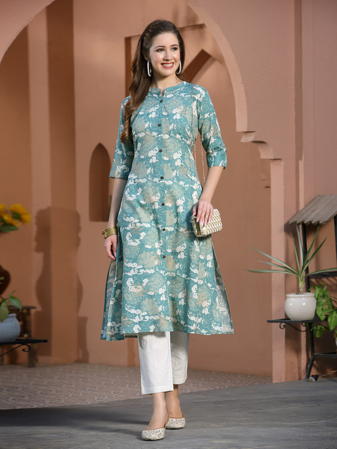 Stylum Women's Printed Rayon A-Line Kurta (PINESHARK)