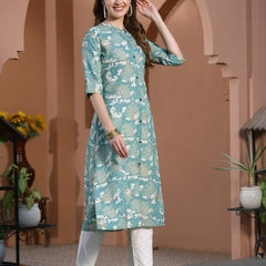 Stylum Women's Printed Rayon A-Line Kurta (PINESHARK)