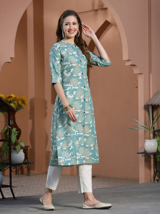 Stylum Women's Printed Rayon A-Line Kurta (PINESHARK)