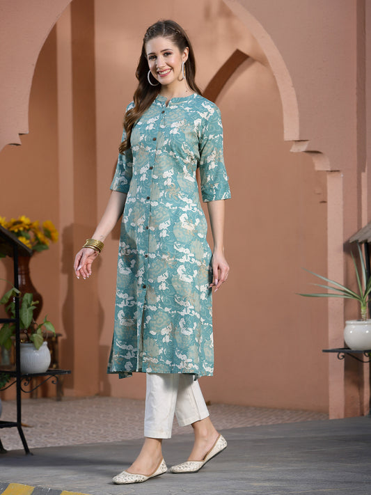 Stylum Women's Printed Rayon A-Line Kurta (PINESHARK)