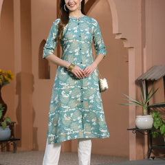 Stylum Women's Printed Rayon A-Line Kurta (PINESHARK)