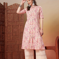 Stylum Women's Pink Floral Printed Rayon A-Line Kurta (PINKARMAF)