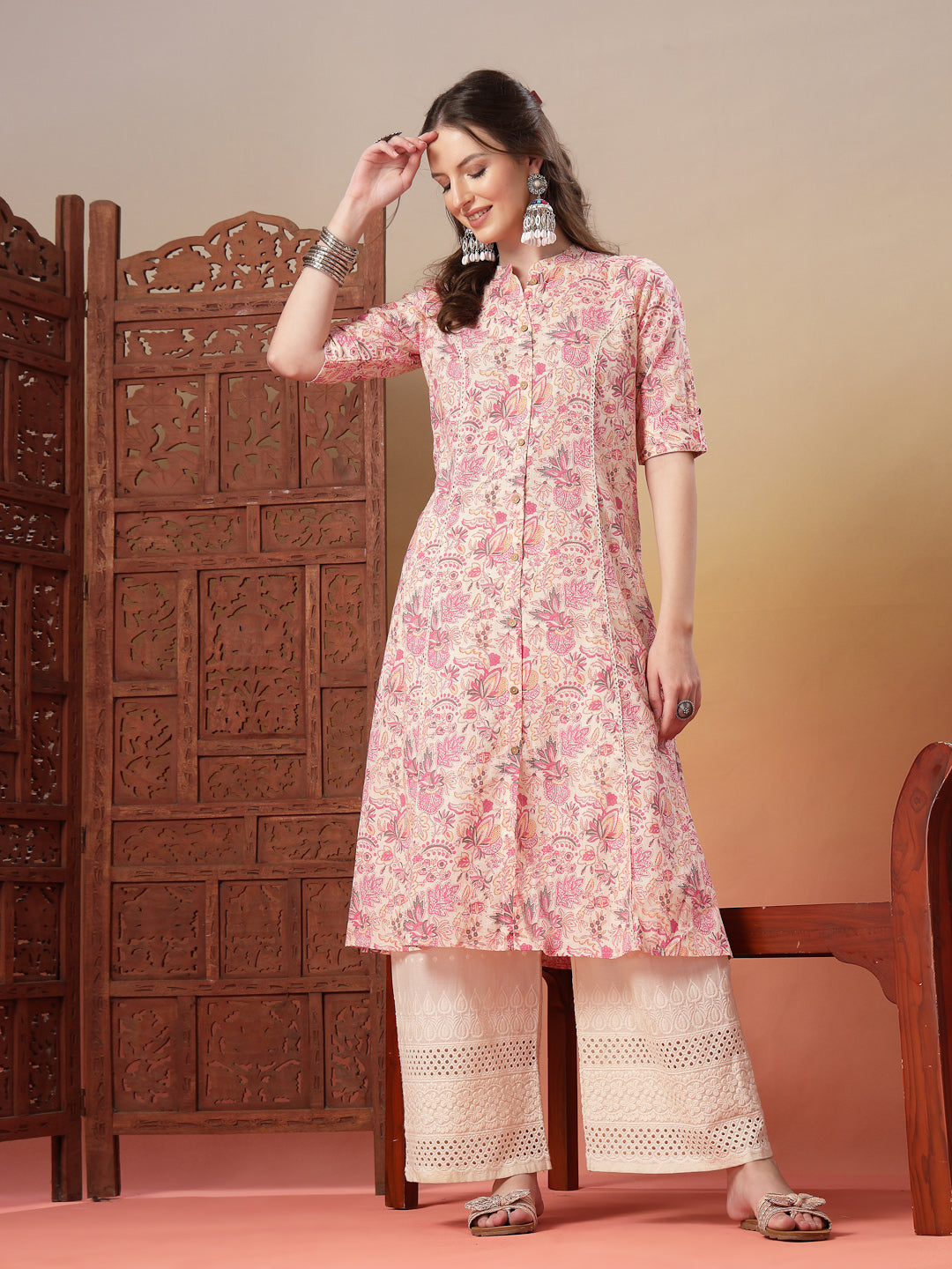 Stylum Women's Pink Floral Printed Rayon A-Line Kurta (PINKARMAF)