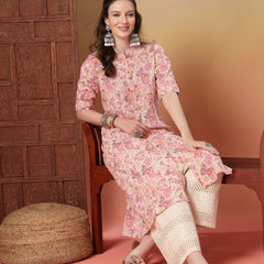 Stylum Women's Pink Floral Printed Rayon A-Line Kurta (PINKARMAF)