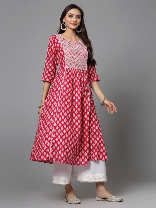 Stylum Women's Floral Printed Cotton A-Line Kurta (PINKFIZZ)