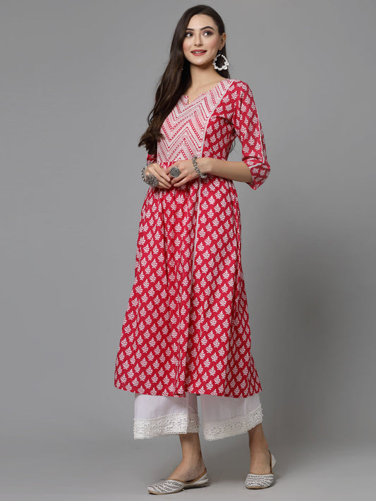 Stylum Women's Floral Printed Cotton A-Line Kurta (PINKFIZZ)