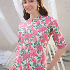 Stylum Women's Pink Floral Printed Cotton Flax A-Line Kurta (PINKJAZZY)