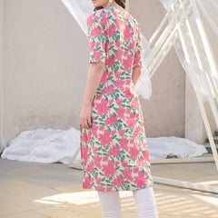 Stylum Women's Pink Floral Printed Cotton Flax A-Line Kurta (PINKJAZZY)