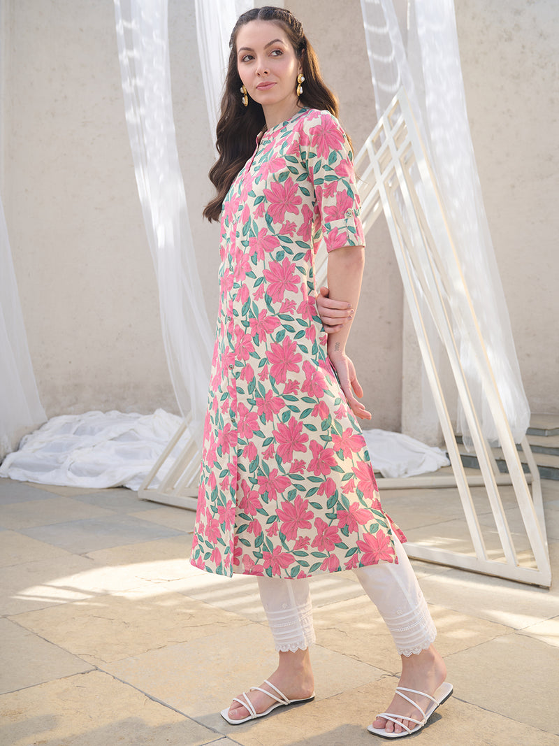 Stylum Women's Pink Floral Printed Cotton Flax A-Line Kurta (PINKJAZZY)