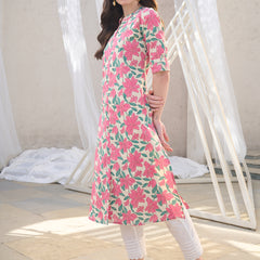 Stylum Women's Pink Floral Printed Cotton Flax A-Line Kurta (PINKJAZZY)