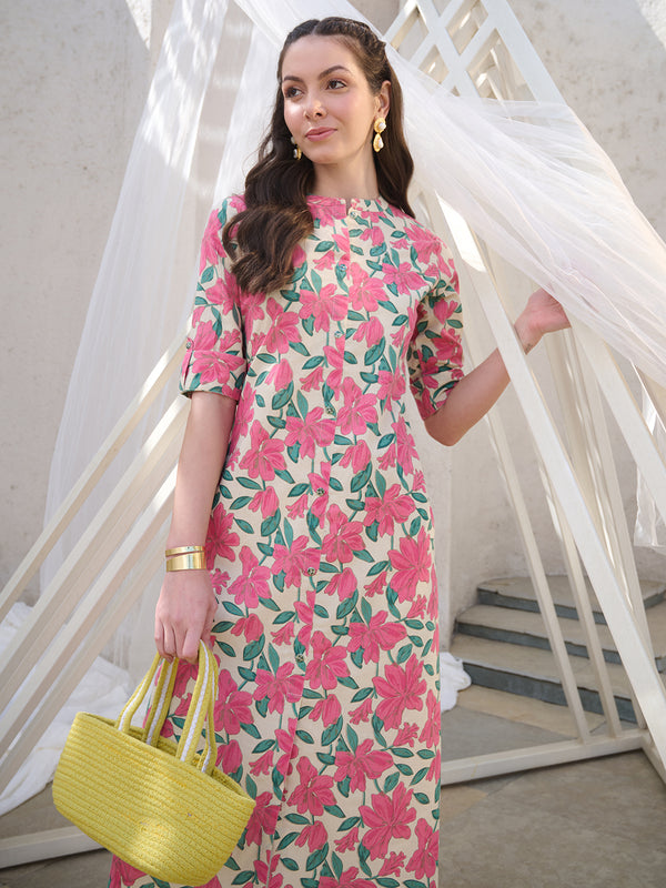 Stylum Women's Pink Floral Printed Cotton Flax A-Line Kurta (PINKJAZZY)