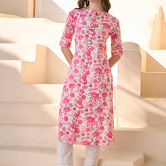 Stylum Women's Pink Floral Printed Rayon A- Line Kurta (PINKMETRI)