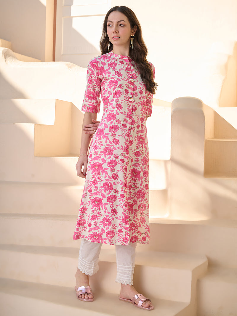 Stylum Women's Pink Floral Printed Rayon A- Line Kurta (PINKMETRI)