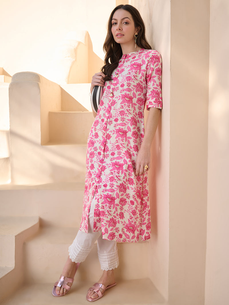 Stylum Women's Pink Floral Printed Rayon A- Line Kurta (PINKMETRI)